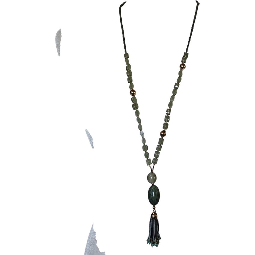 Chico's Statement Necklace Green Beaded Tassel Pendant 16" Adjustable Clasp‎ - Picture 2 of 8